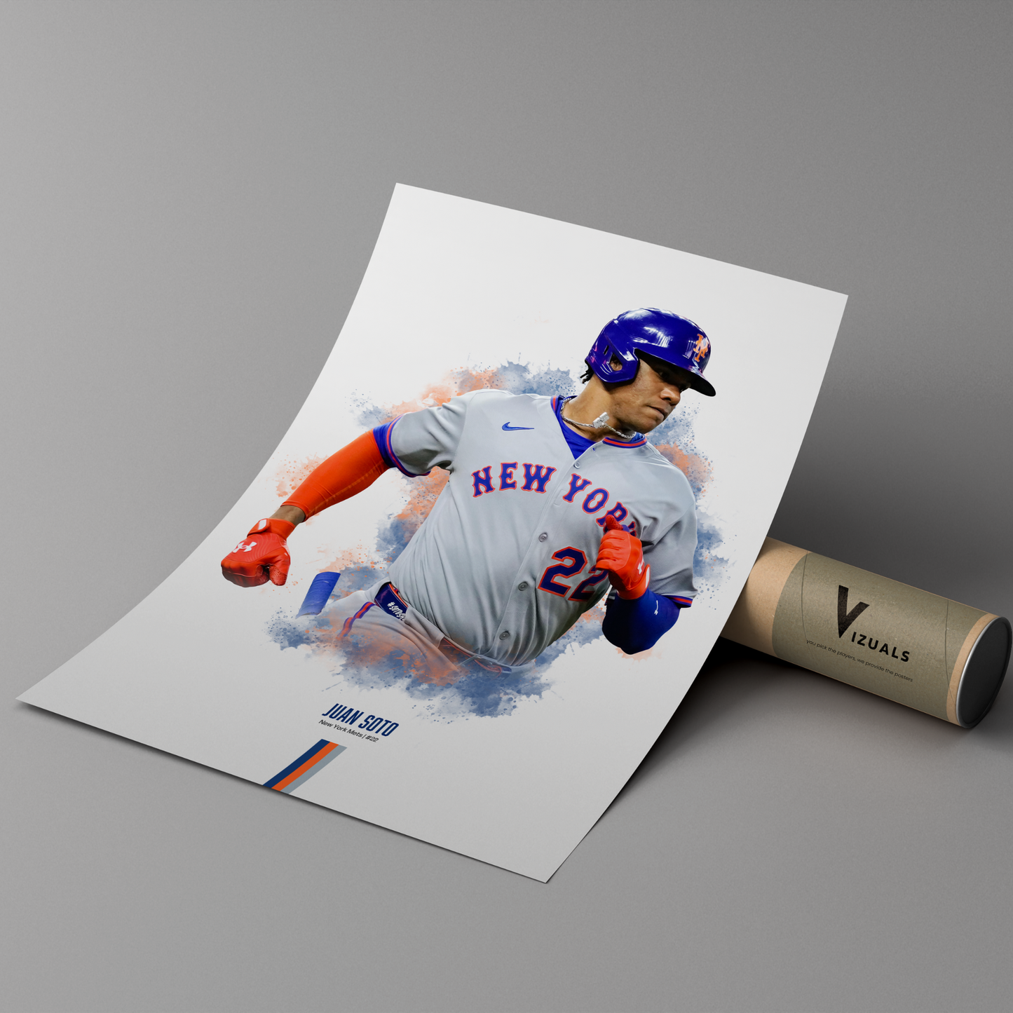 poster mockup leaning on a branded cardboard tube. poster of baseball player juan soto playing for the new york mets.