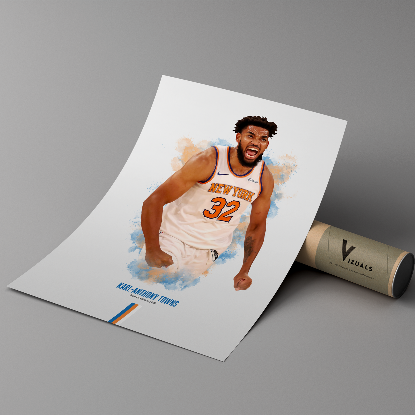 A poster of Karl-Anthony Towns in a New York Knicks basketball uniform, featuring a white and orange color scheme with blue accents.