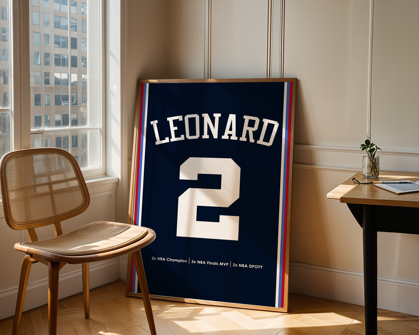 Framed sports jersey with 'LEONARD' and number '2' in a room with a window and chair.