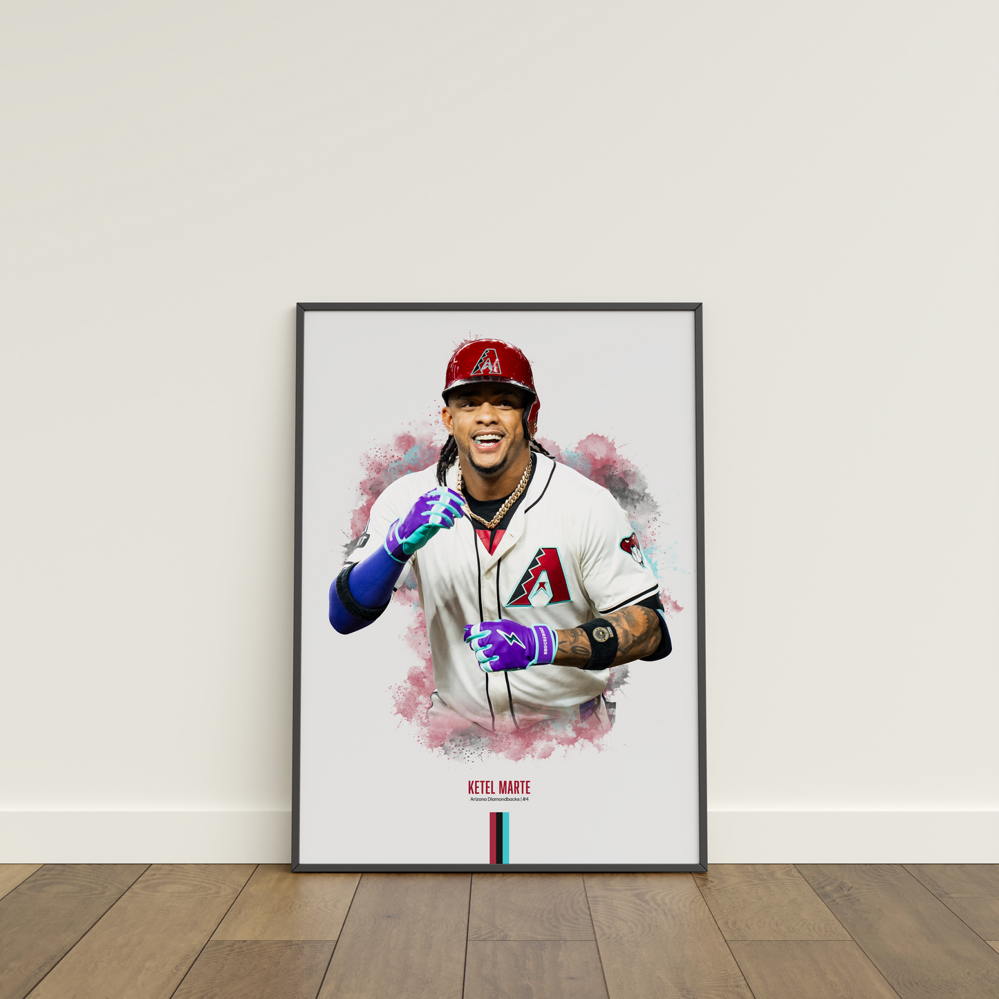 framed poster mockup leaning on a white wall. poster of baseball player ketel marte celebrating for the arizona diamondbacks.