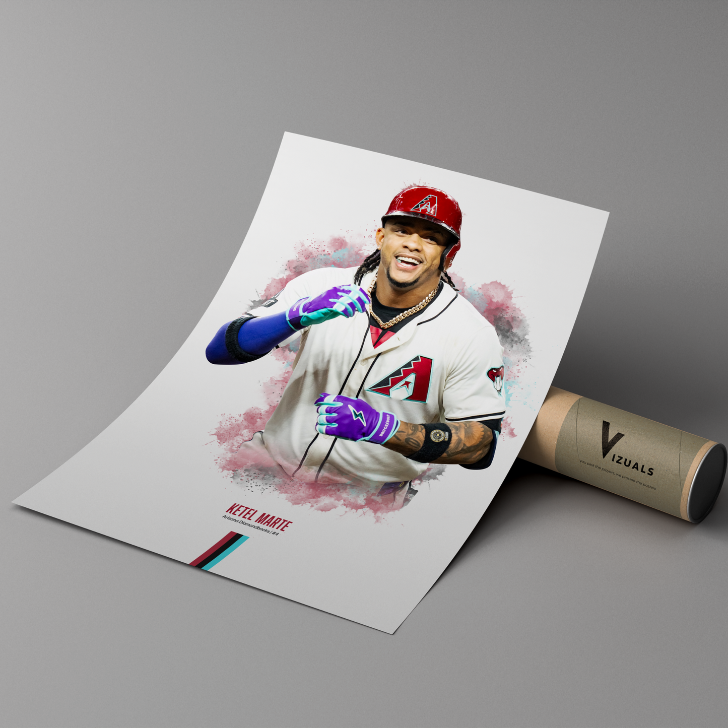 poster mockup leaning on a branded cardboard tube. poster of baseball player ketel marte celebrating for the arizona diamondbacks.