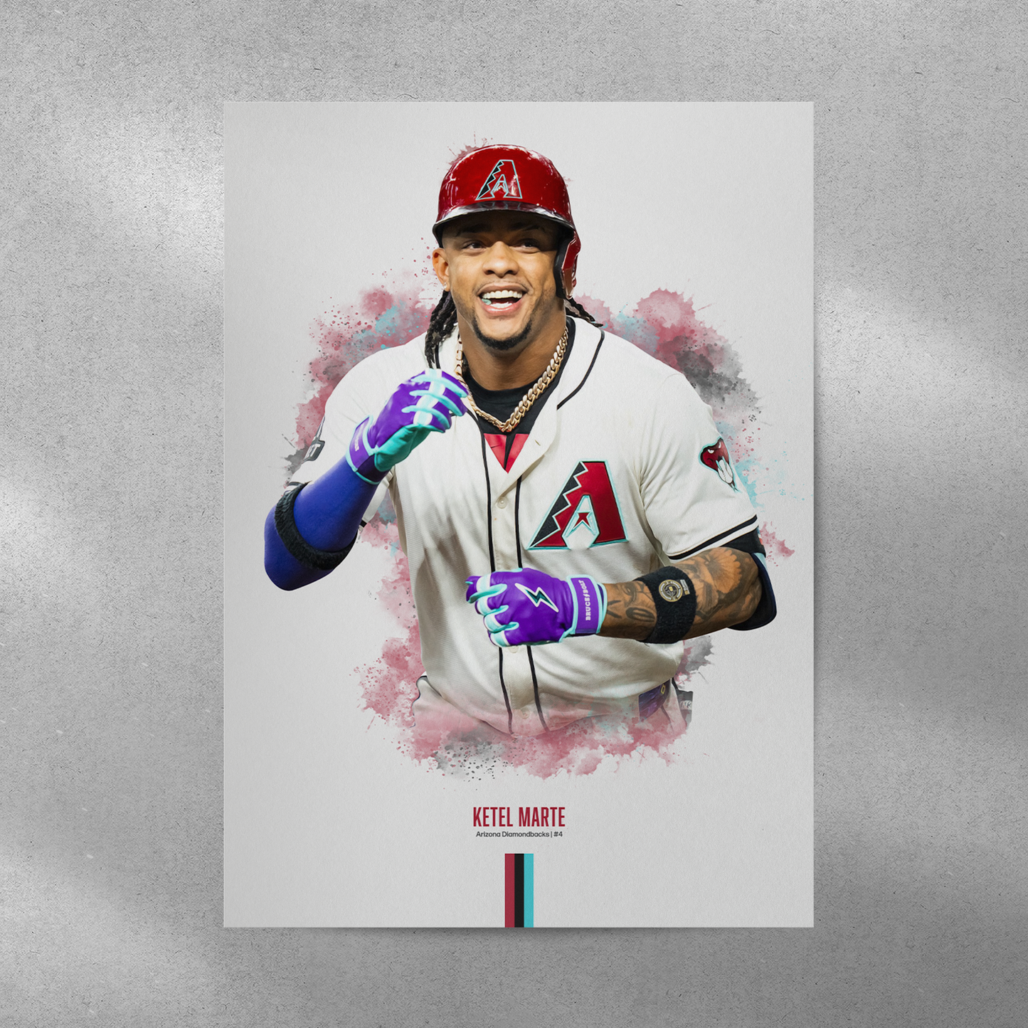 poster mockup on a grey wall. poster of baseball player ketel marte celebrating for the arizona diamondbacks.