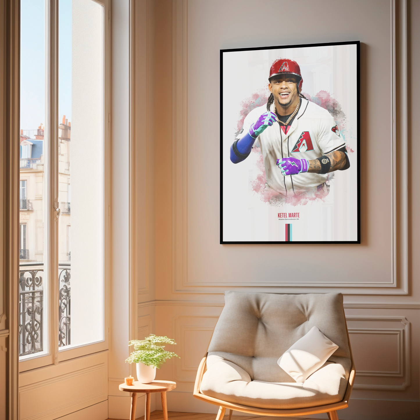 framed poster mockup hanging in a living room. poster of baseball player ketel marte celebrating for the arizona diamondbacks.