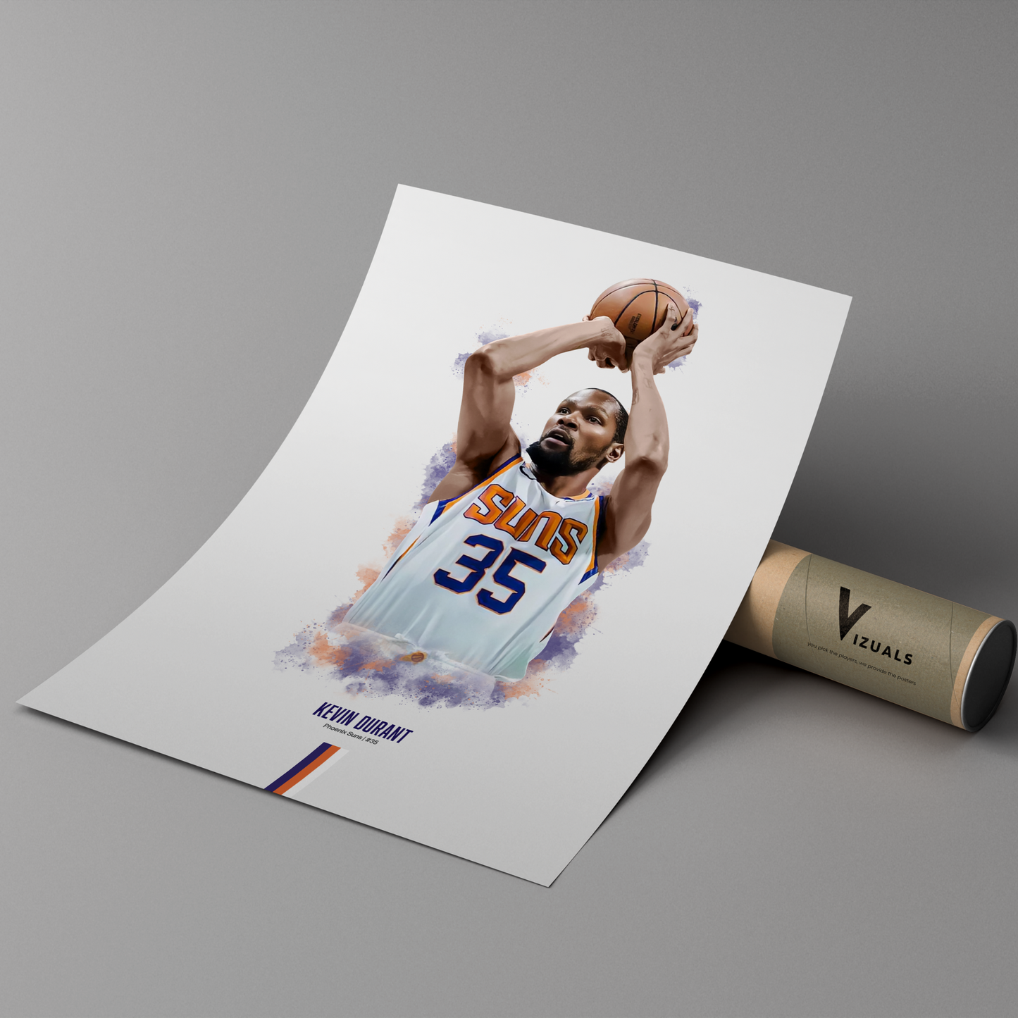 poster mockup leaning on a branded cardboard tube. poster of basketball player kevin durant shooting for the phoenix suns.