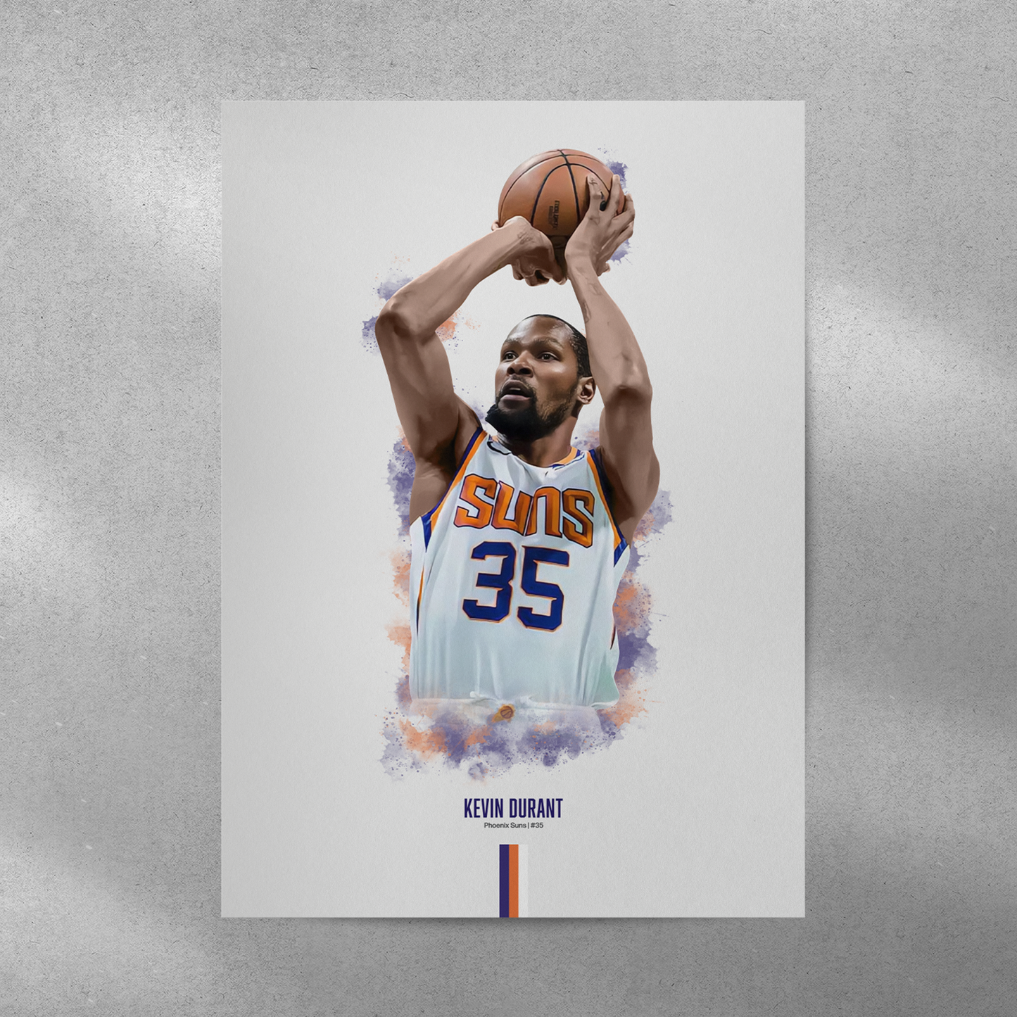 poster mockup on a grey wall. poster of basketball player kevin durant shooting for the phoenix suns.