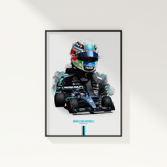 framed poster mockup hanging on a white wall. poster of formula 1 driver andrea kimi antonelli.