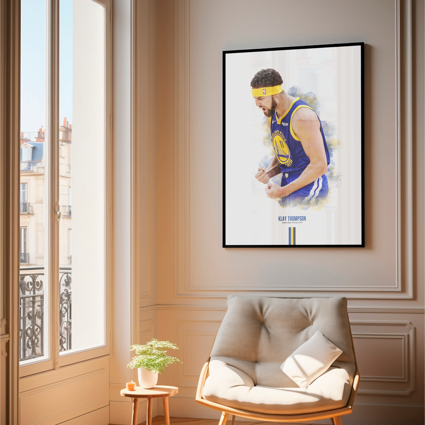framed poster mockup hanging in a living room. poster of basketball player klay thompson celebrating for the golden state warriors.