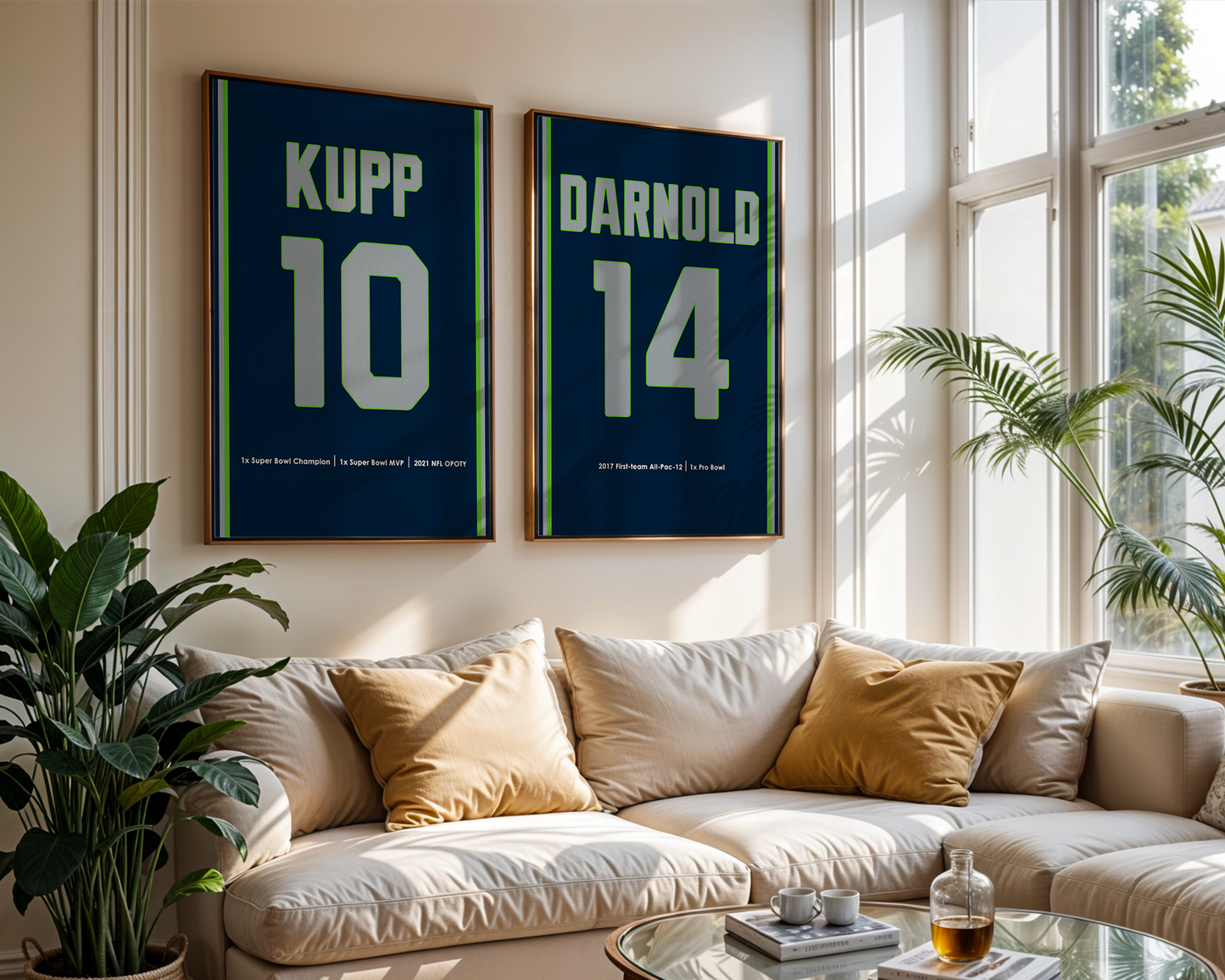 Living room with framed sports jerseys on the wall above a beige sofa.