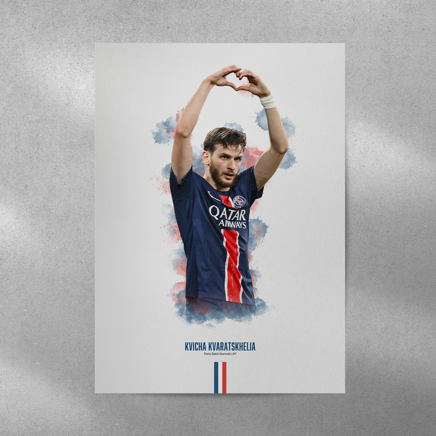Poster print of soccer player Kvicha Kvaratskhelia, wearing a PSG jersey, on a gray background.