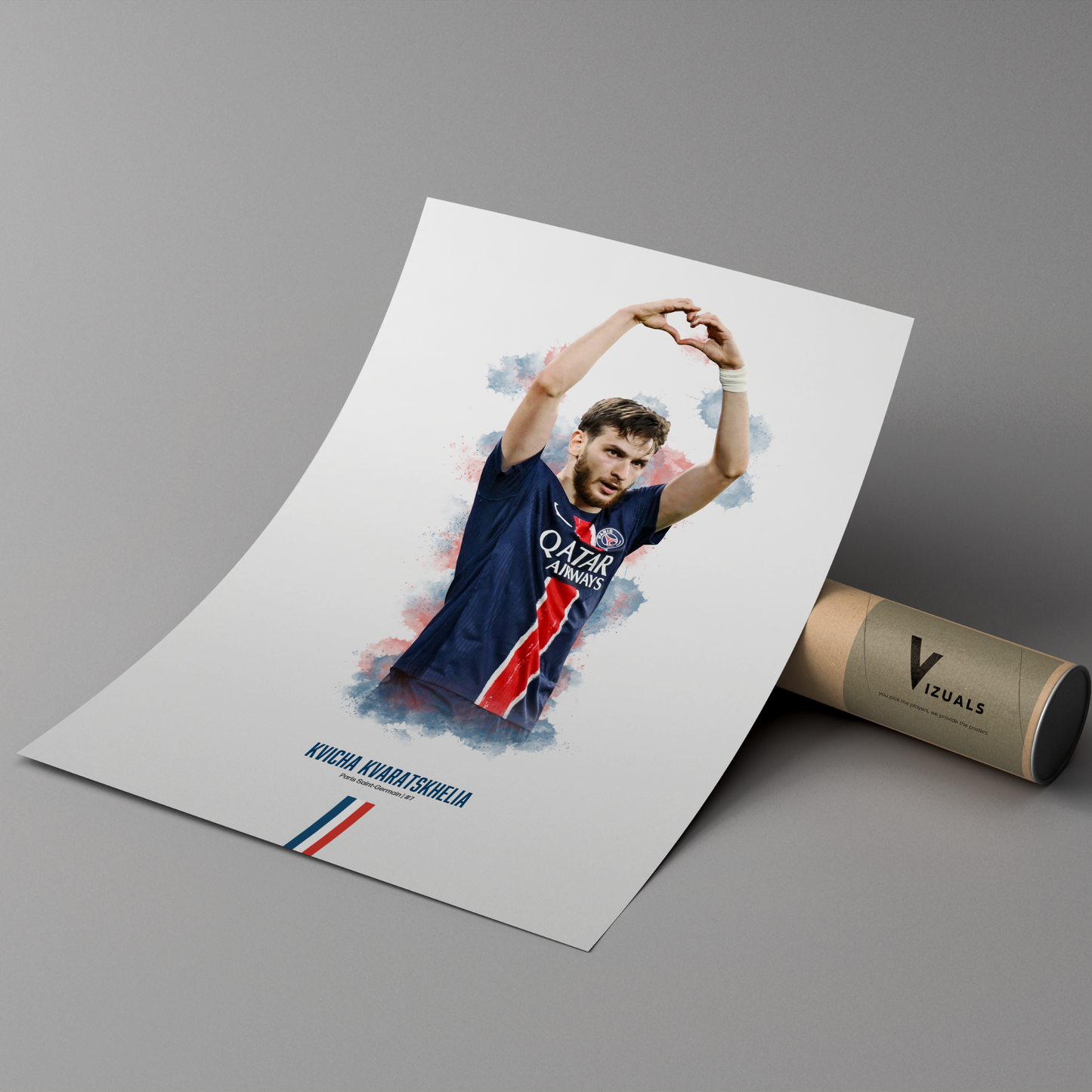 Poster print of soccer player Kvicha Kvaratskhelia, wearing a PSG jersey, on a cardboard tube with 'Vizuals' branding.
