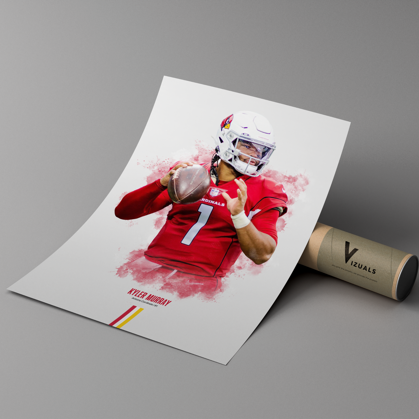 poster mockup leaning on a branded cardboard tube. poster of football player kyler murray playing for the arizona cardinals.