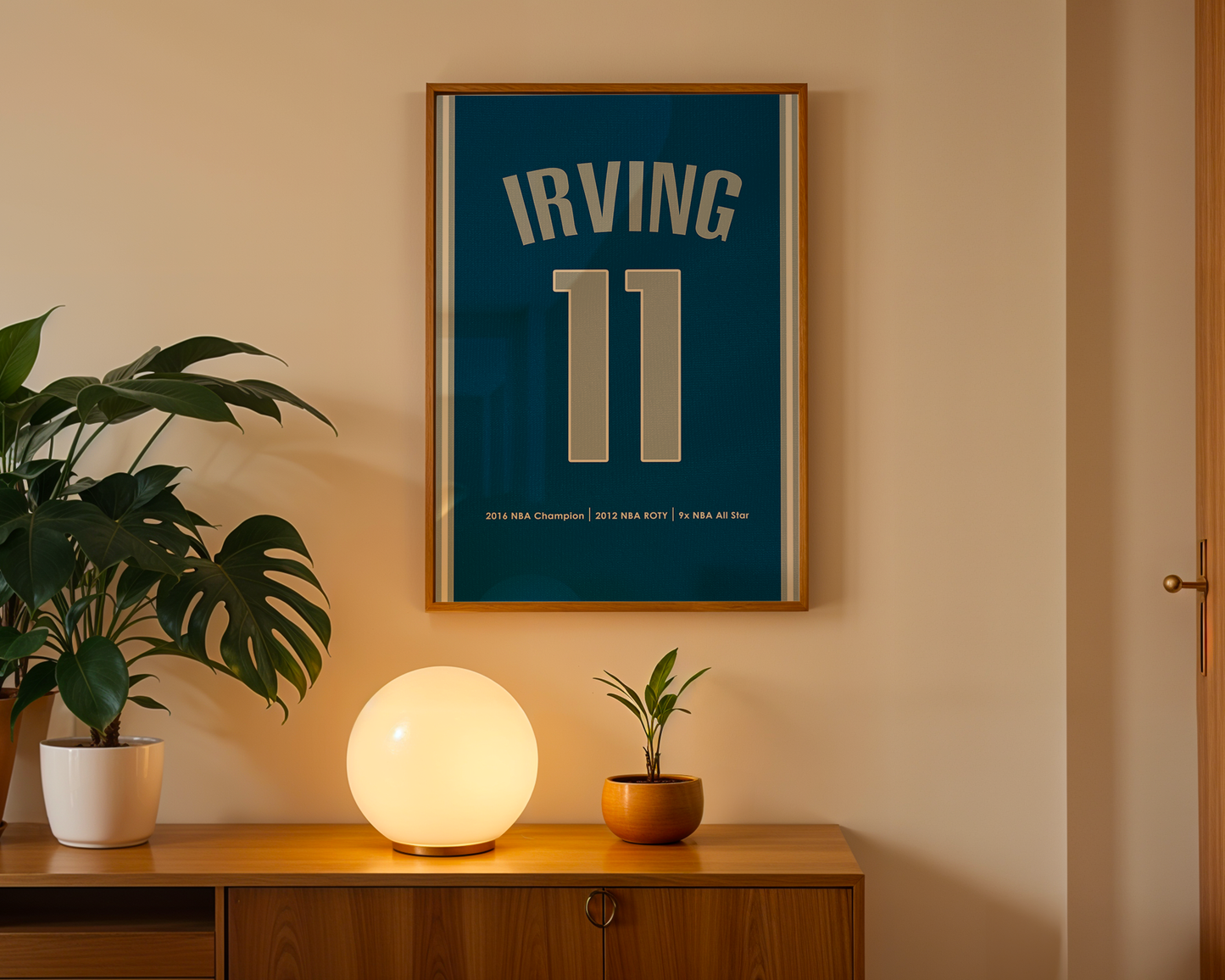 Framed poster with 'Irving 11' on a wall above a wooden cabinet with decorative items.
