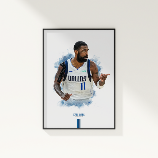 framed poster mockup hanging on a white wall. poster of basketball player kyrie irving celebrating for the Dallas Mavericks.