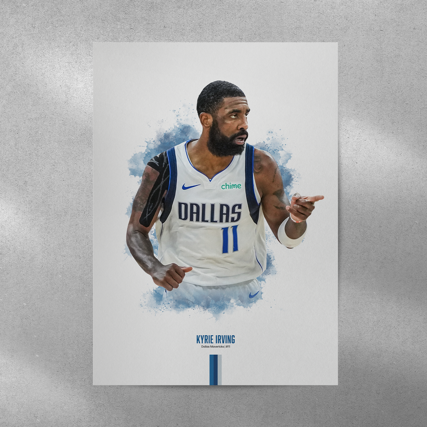 poster mockup on a grey wall. poster of basketball player kyrie irving celebrating for the Dallas Mavericks.