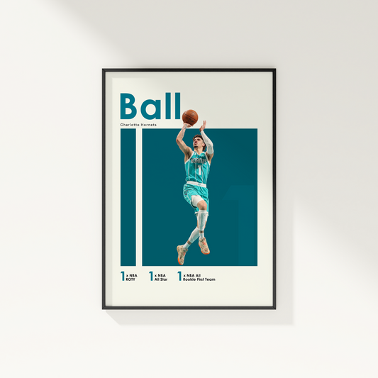 framed poster mockup hanging on a white wall. poster of basketball player LaMelo Ball playing for the Charlotte Hornets.