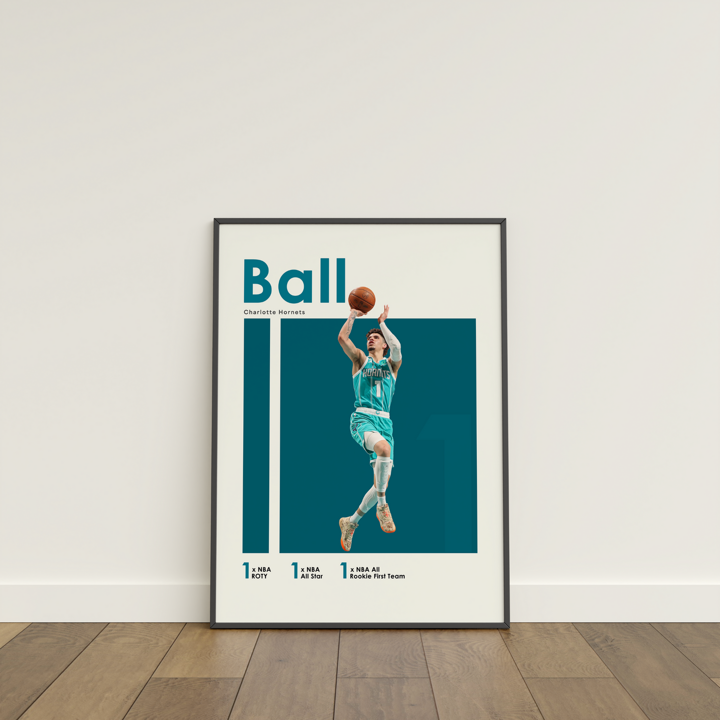 framed poster mockup leaning on a white wall. poster of basketball player LaMelo Ball playing for the Charlotte Hornets.