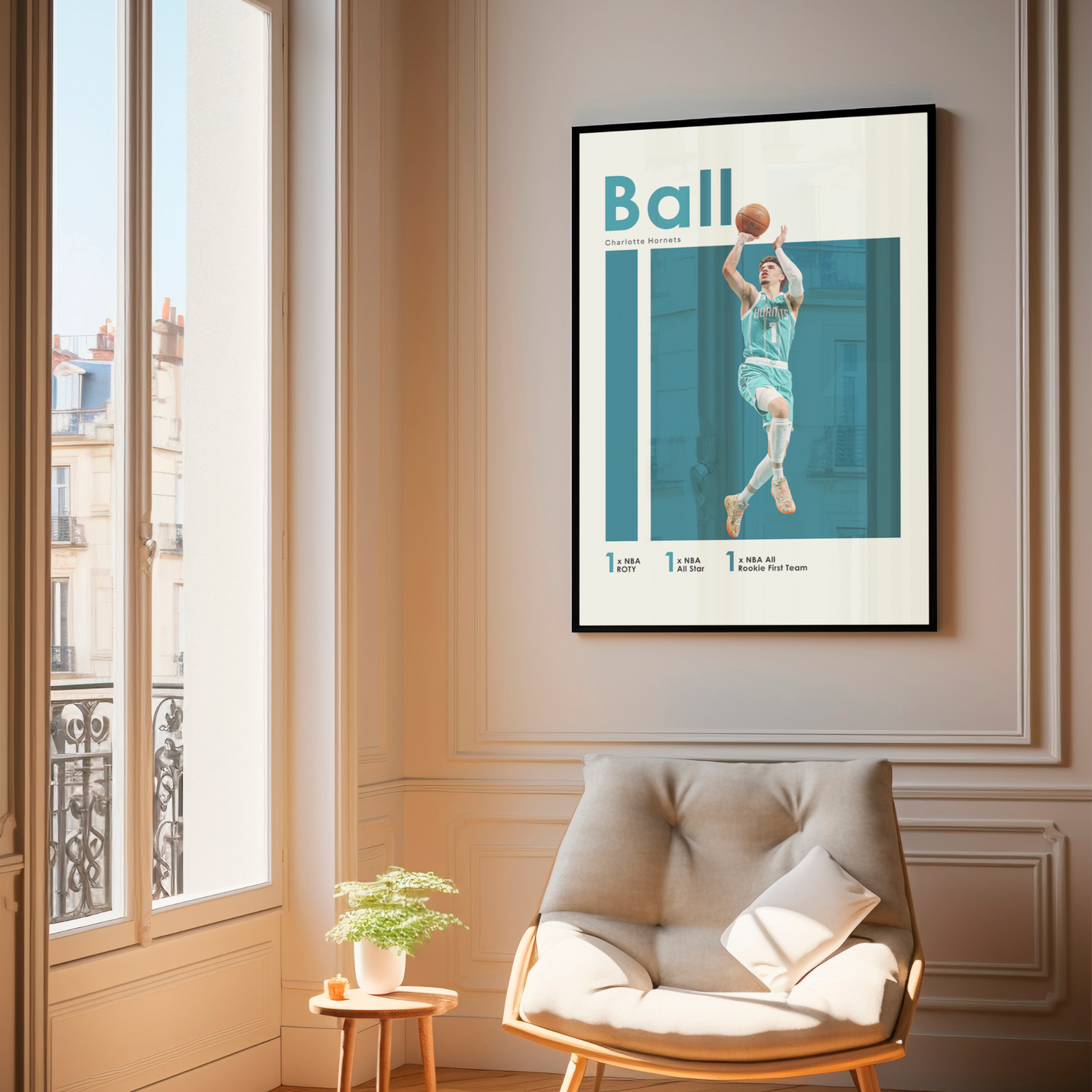 framed poster mockup hanging in a living room. poster of basketball player LaMelo Ball playing for the Charlotte Hornets.
