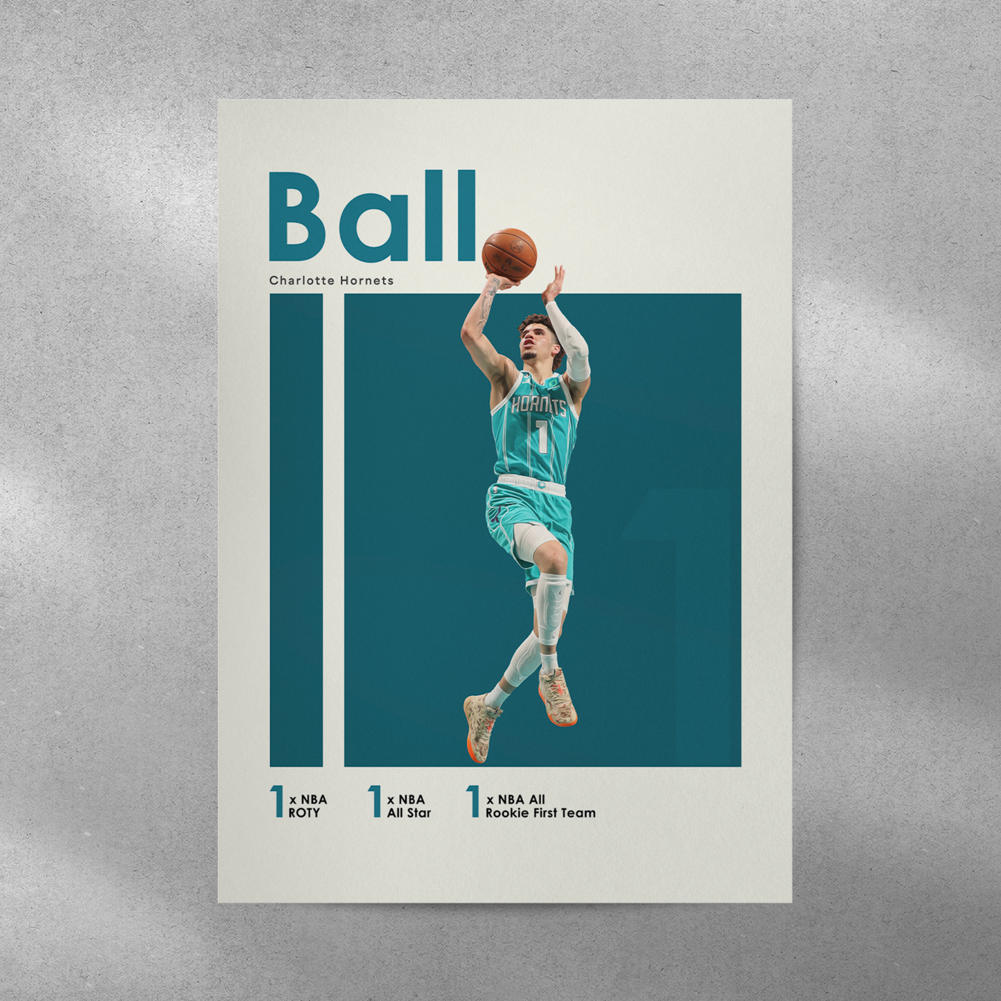 poster mockup on a grey wall. poster of basketball player LaMelo Ball playing for the Charlotte Hornets.