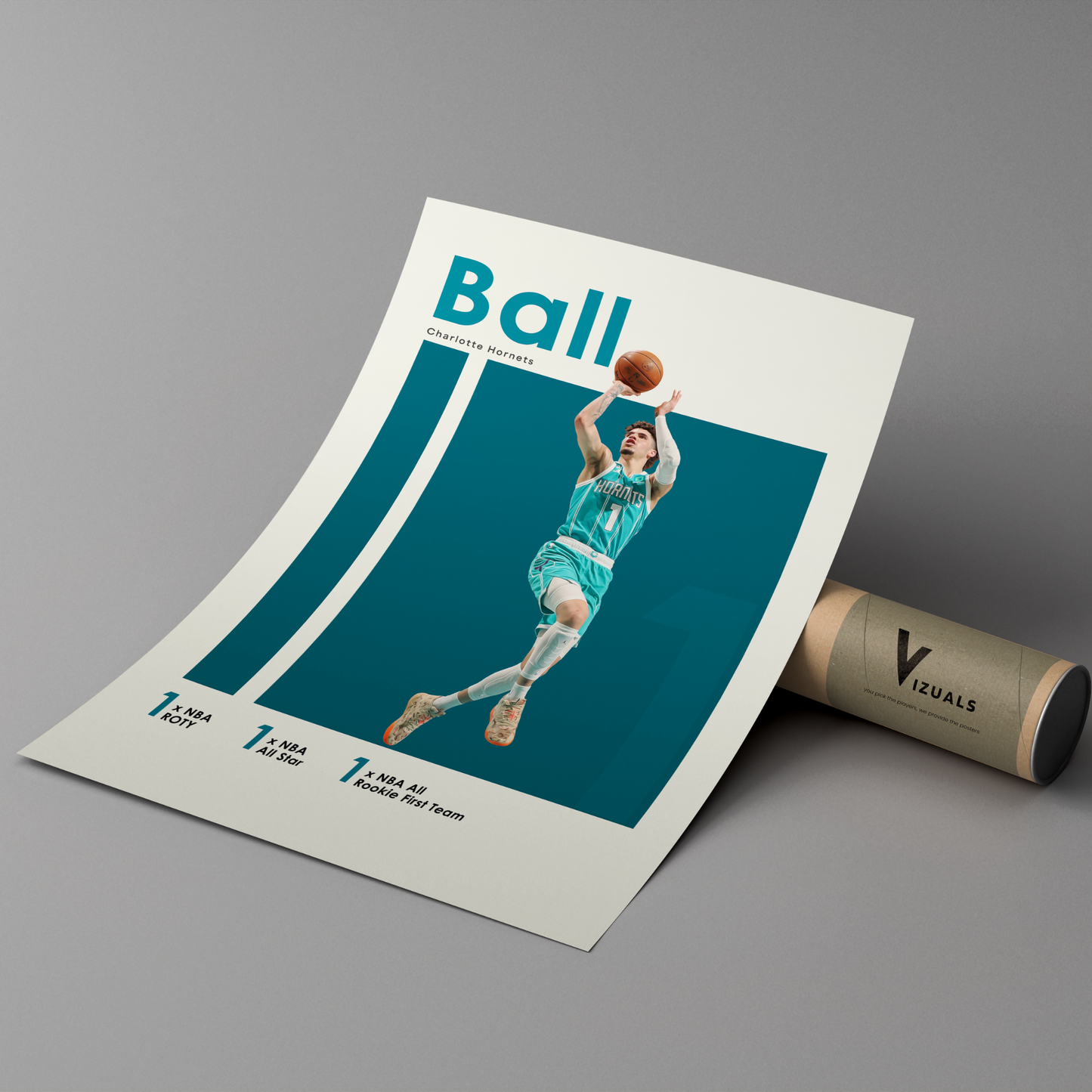 poster mockup leaning on a branded cardboard tube. poster of basketball player LaMelo Ball playing for the Charlotte Hornets.