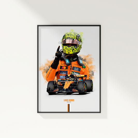 framed poster mockup hanging on a white wall. poster of McLaren formula 1 driver lando norris.