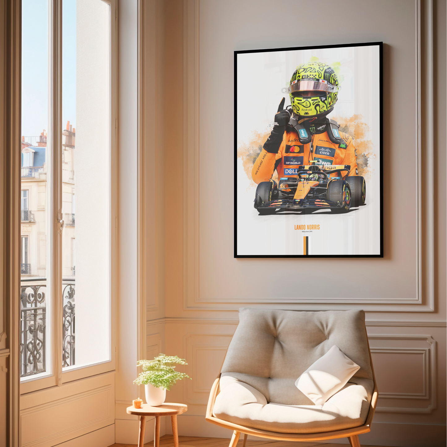 framed poster mockup hanging in a living room. poster of McLaren formula 1 driver lando norris.