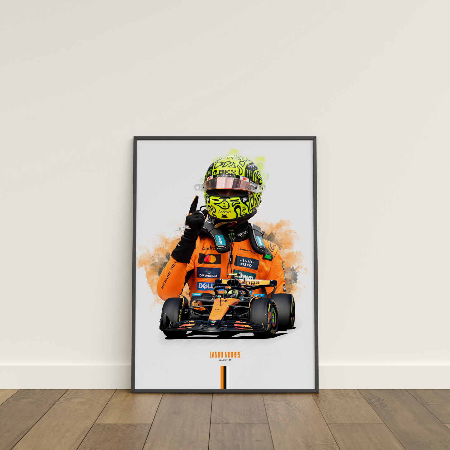 framed poster mockup leaning on a white wall. poster of McLaren formula 1 driver lando norris.
