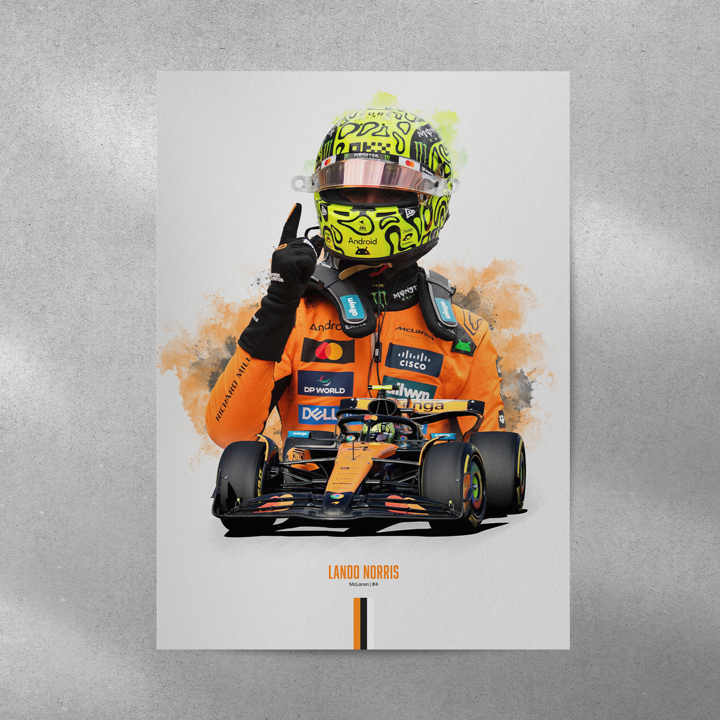 poster mockup on a grey wall. poster of McLaren formula 1 driver lando norris.