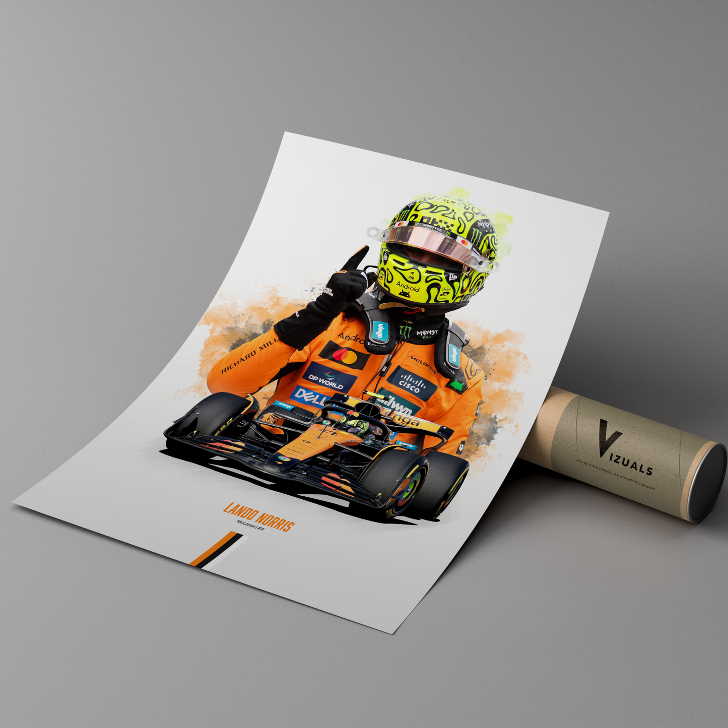 poster mockup leaning on a branded cardboard tube. poster of McLaren formula 1 driver lando norris.