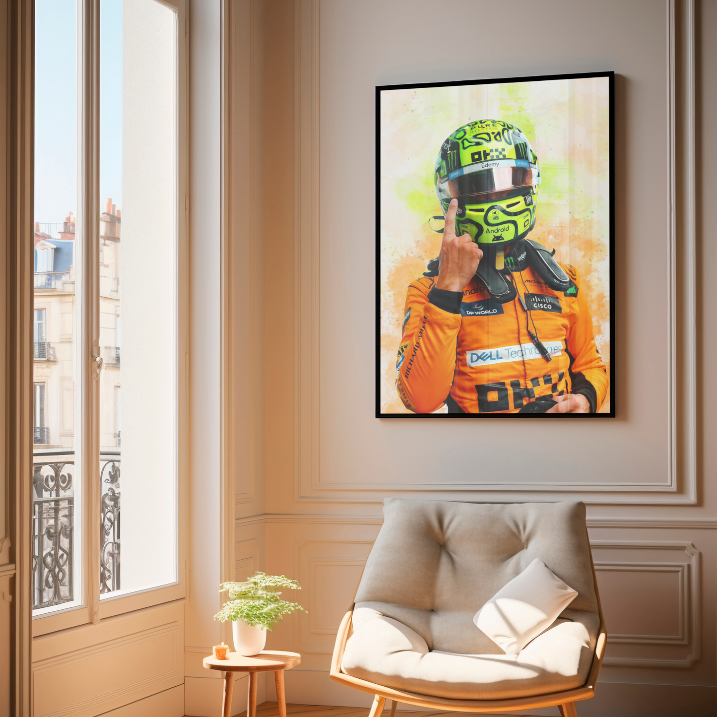 framed poster mockup hanging in a living room. poster of formula 1 driver lando norris celebrating for mclaren.
