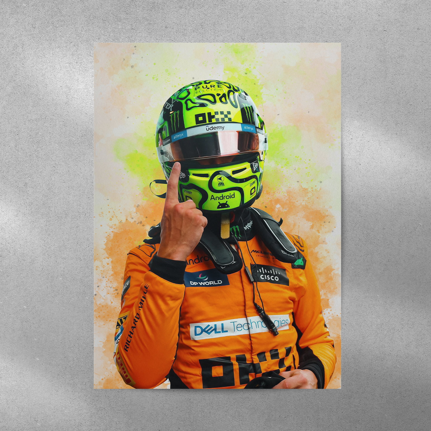 poster mockup on a grey wall. poster of formula 1 driver lando norris celebrating for mclaren.