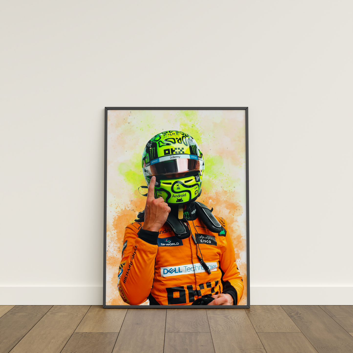 framed poster mockup leaning on a white wall. poster of formula 1 driver lando norris celebrating for mclaren.