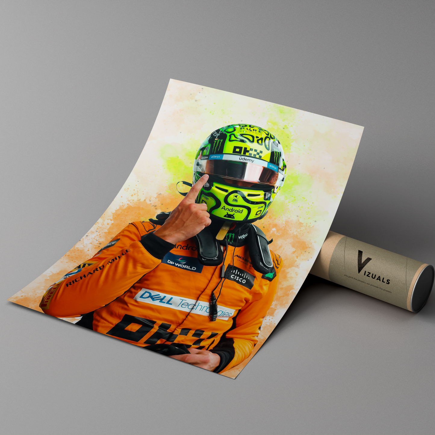 poster mockup leaning on a branded cardboard tube. poster of formula 1 driver lando norris celebrating for mclaren.