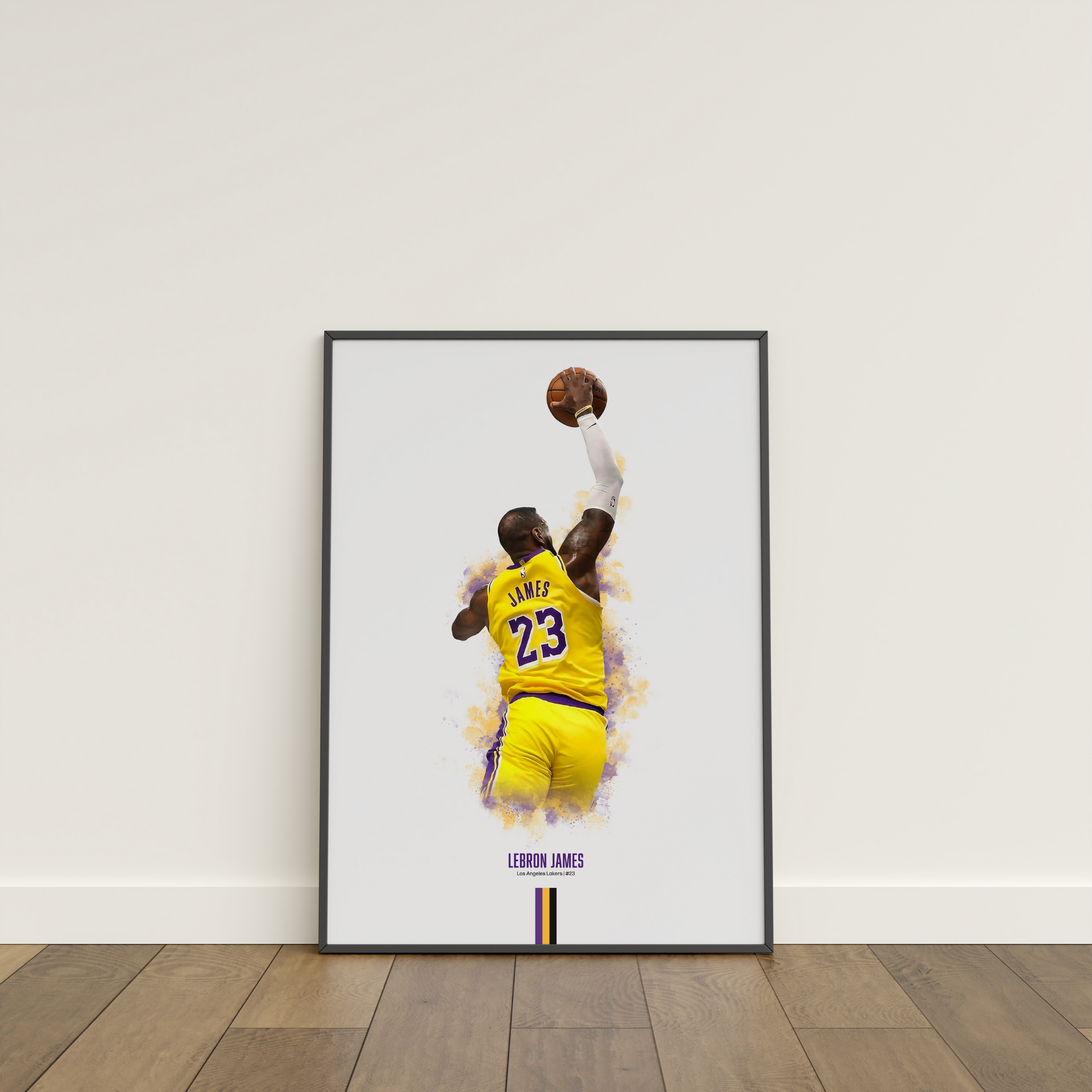 framed poster mockup leaning on a white wall. poster of basketball player lebron james dunking for the la lakers.