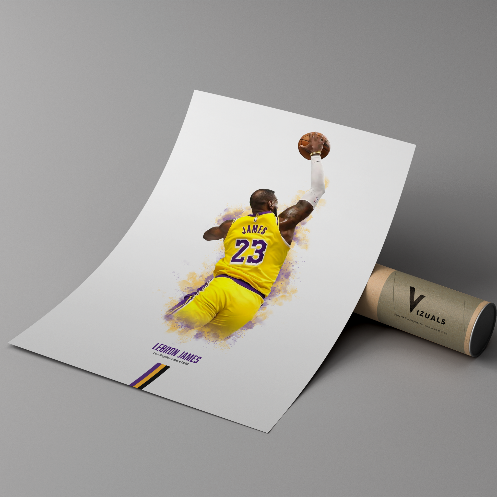 poster mockup leaning on a branded cardboard tube. poster of basketball player lebron james dunking for the la lakers.