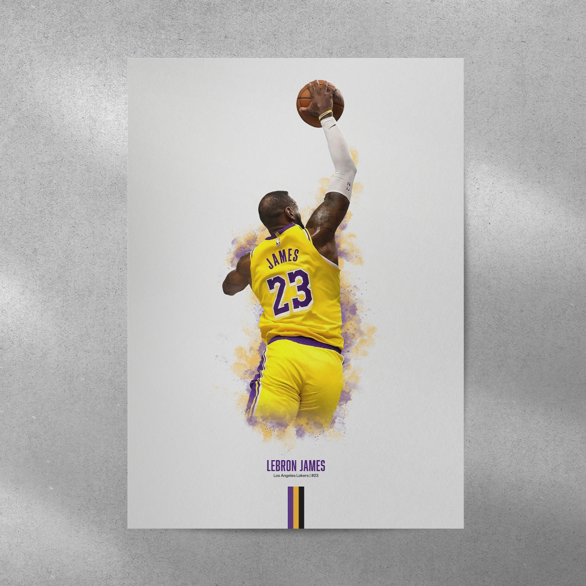 poster mockup on a grey wall. poster of basketball player lebron james dunking for the la lakers.