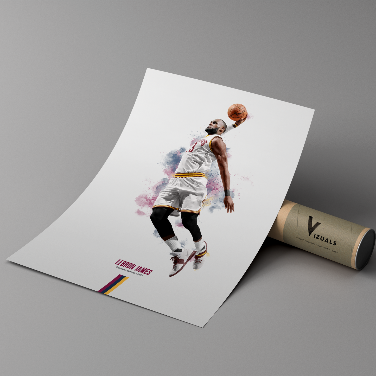 poster mockup leaning on a branded cardboard tube. poster of basketball player lebron james dunking for the cleveland cavaliers.