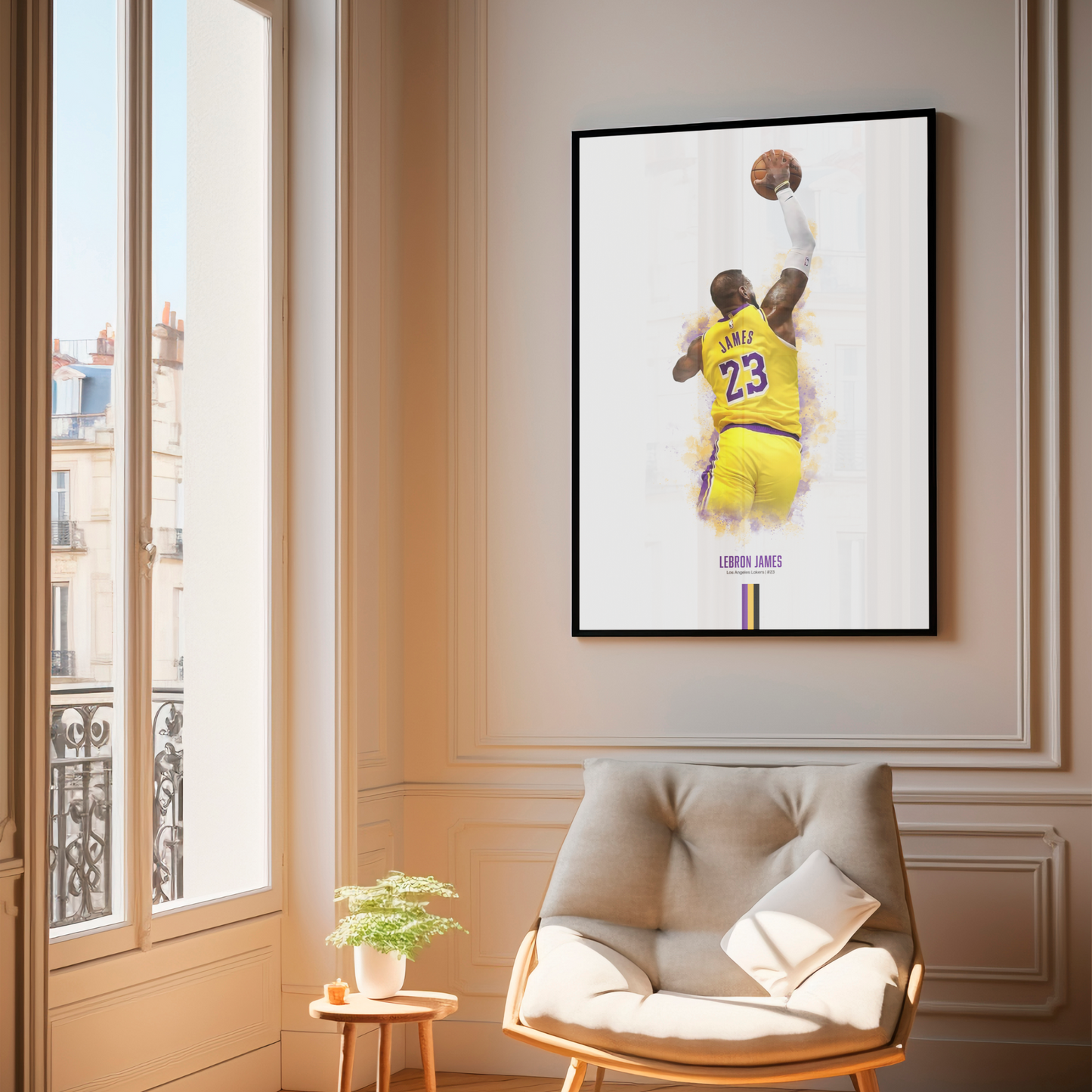 framed poster mockup hanging in a living room. poster of basketball player lebron james dunking for the la lakers.