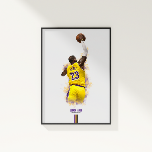 framed poster mockup hanging on a white wall. poster of basketball player lebron james dunking for the la lakers.