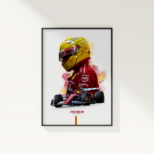 framed poster mockup hanging on a white wall. poster of formula 1 driver lewis hamilton.
