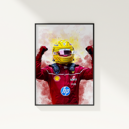 framed poster mockup hanging on a white wall. poster of formula 1 driver lewis hamilton celebrating for ferrari.