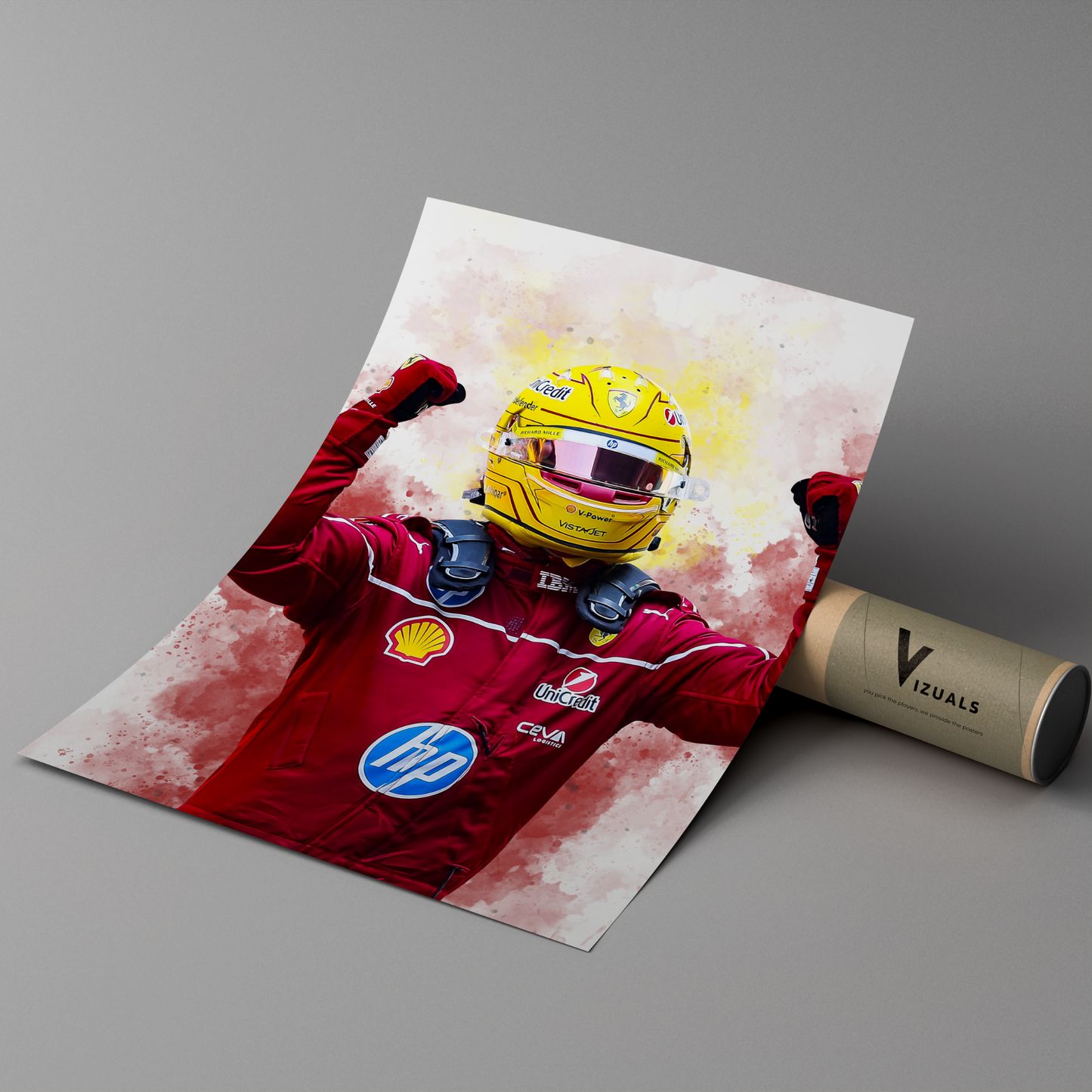 poster mockup leaning on a branded cardboard tube. poster of formula 1 driver lewis hamilton celebrating for ferrari.