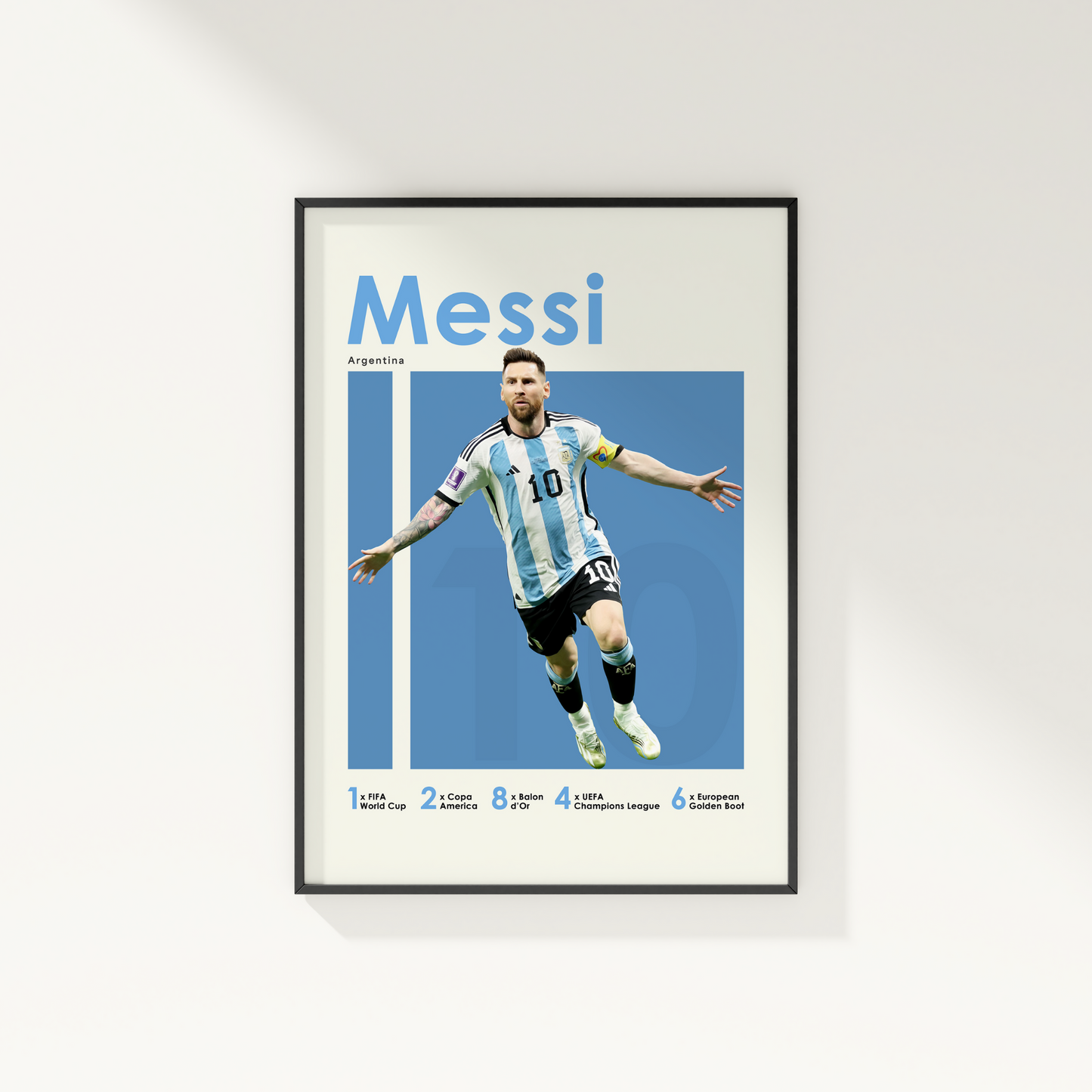framed poster mockup hanging on a white wall. poster of soccer player Lionel Messi celebrating for Argentina.