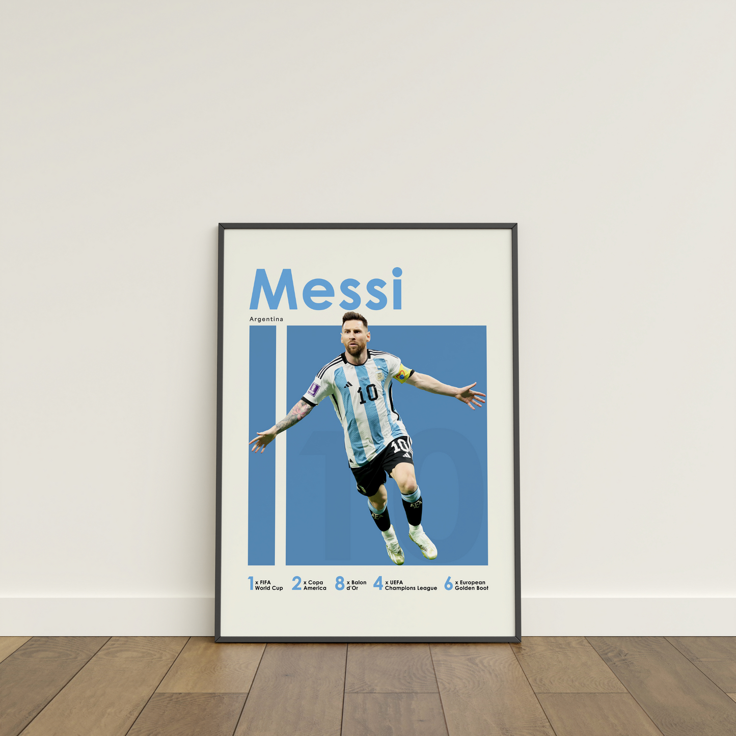 framed poster mockup leaning on a white wall. poster of soccer player Lionel Messi celebrating for Argentina.