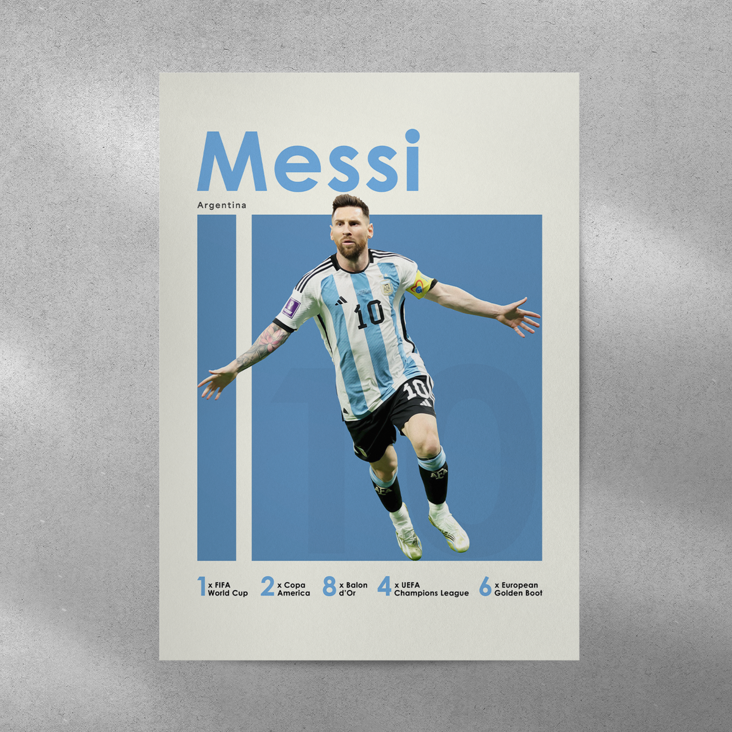 poster mockup on a grey wall. poster of soccer player Lionel Messi celebrating for Argentina.