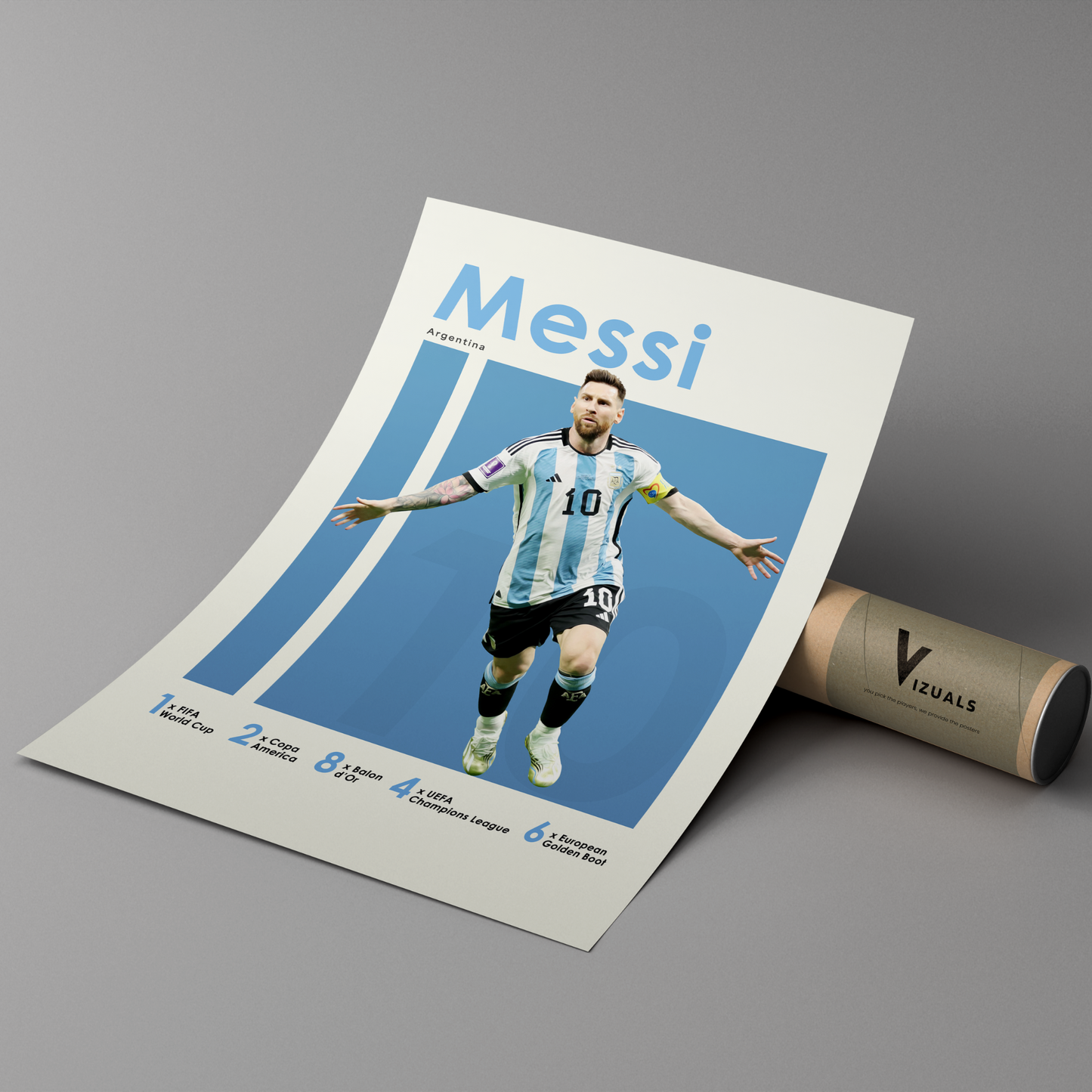 poster mockup leaning on a branded cardboard tube. poster of soccer player Lionel Messi celebrating for Argentina.
