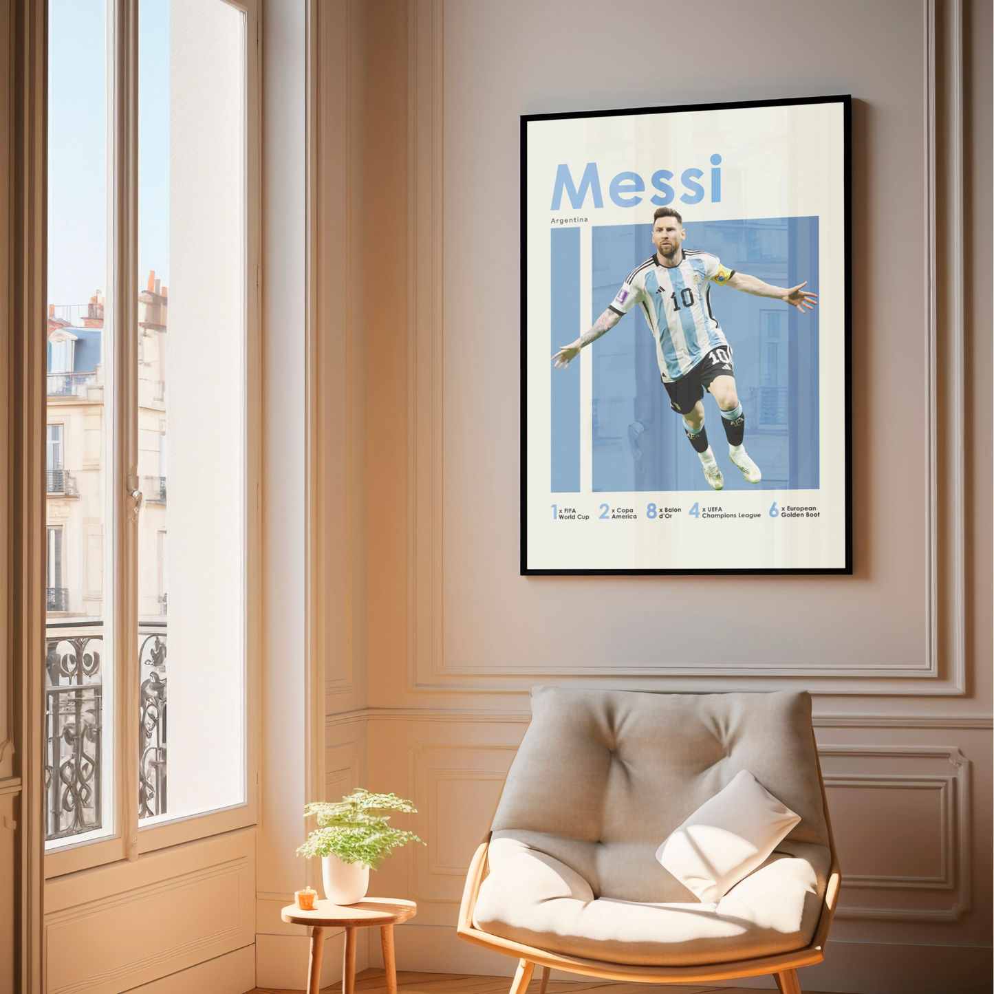 framed poster mockup hanging in a living room. poster of soccer player Lionel Messi celebrating for Argentina.