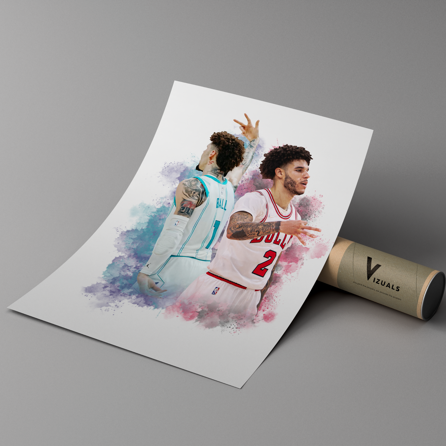 poster mockup leaning on a branded cardboard tube. poster of basketball players lonzo ball and lamelo ball celebrating for the chicago bulls and charlotte hornets.