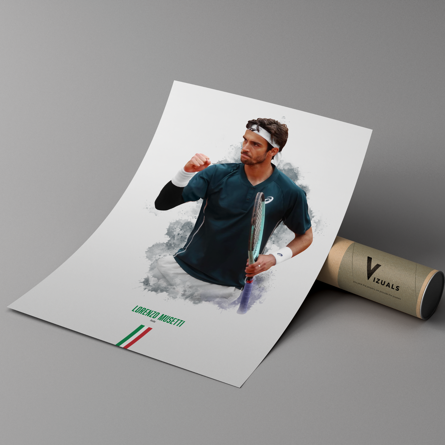Poster of tennis player Lorenzo Musetti holding a racket on a cardboard tube with 'Vizuals' branding.