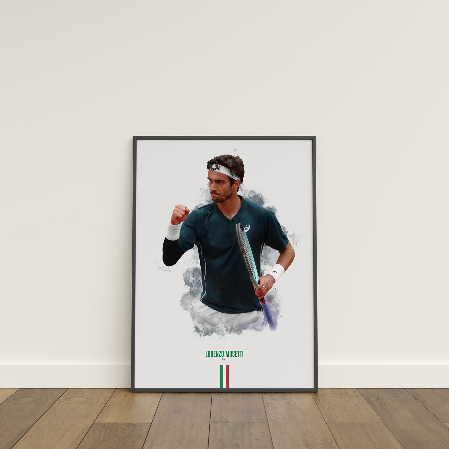 Framed poster of tennis player Lorenzo Musetti holding a racket on a white wall.