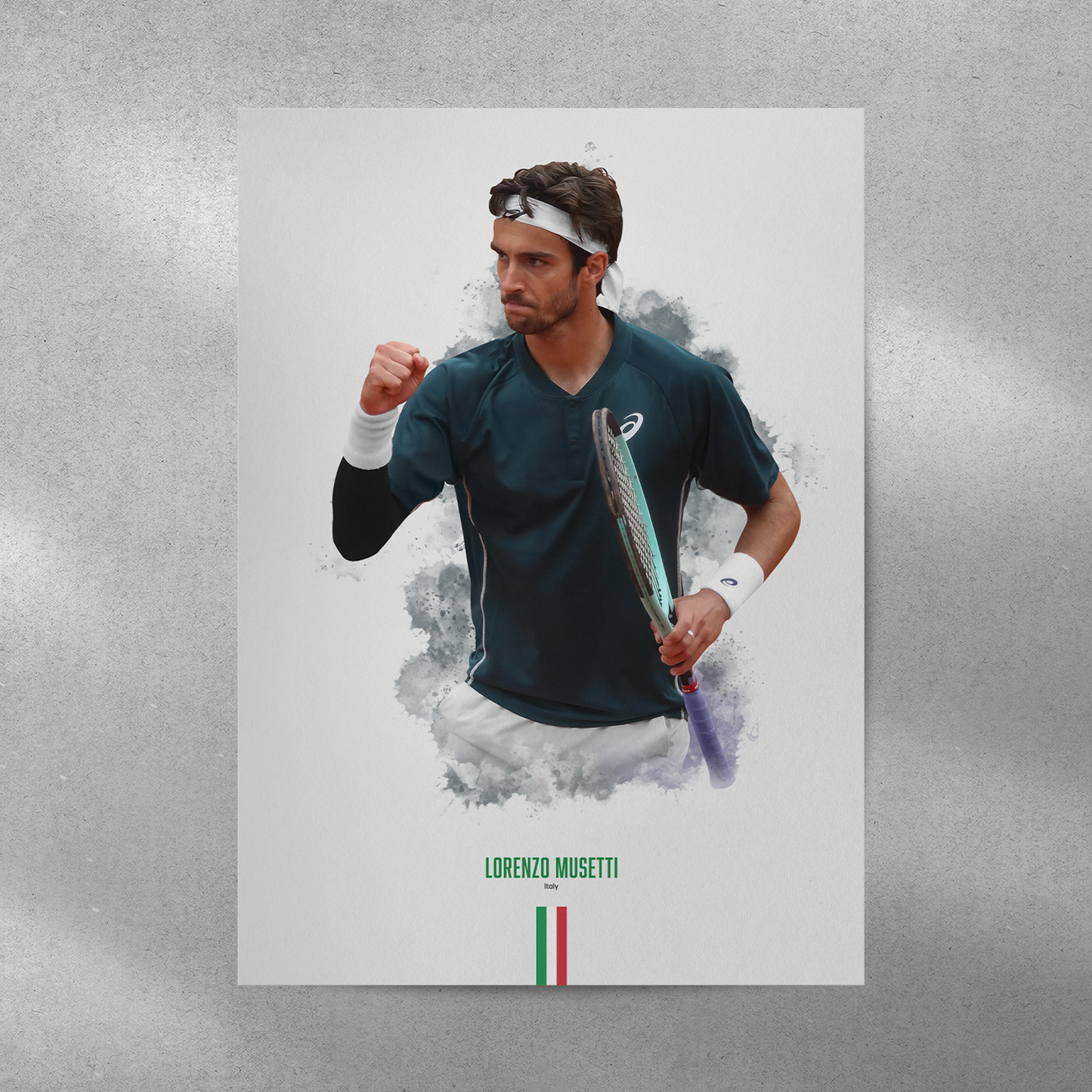 Poster of tennis player Lorenzo Musetti holding a racket on a gray background.